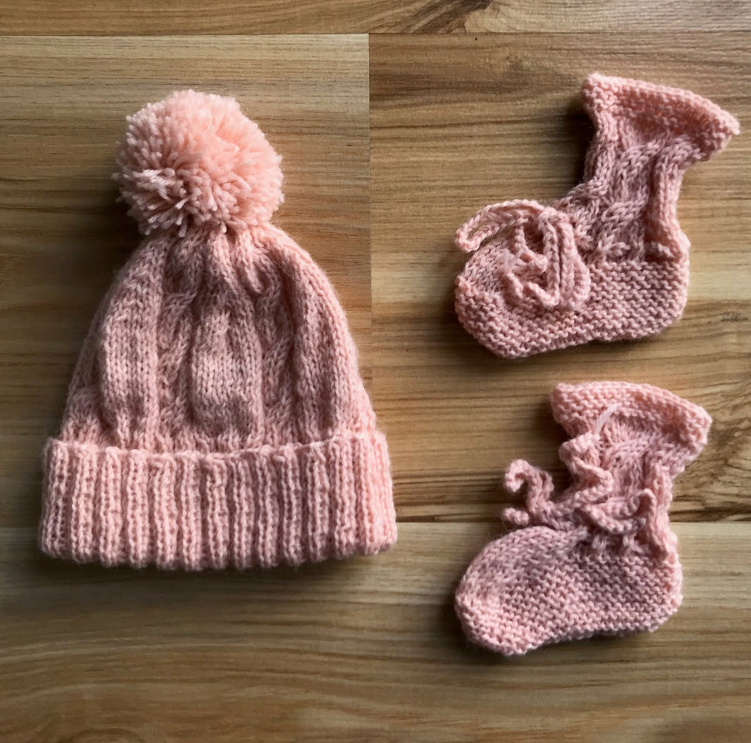 Hand Knitted Beanie & Booties Set - BLUSH PINK